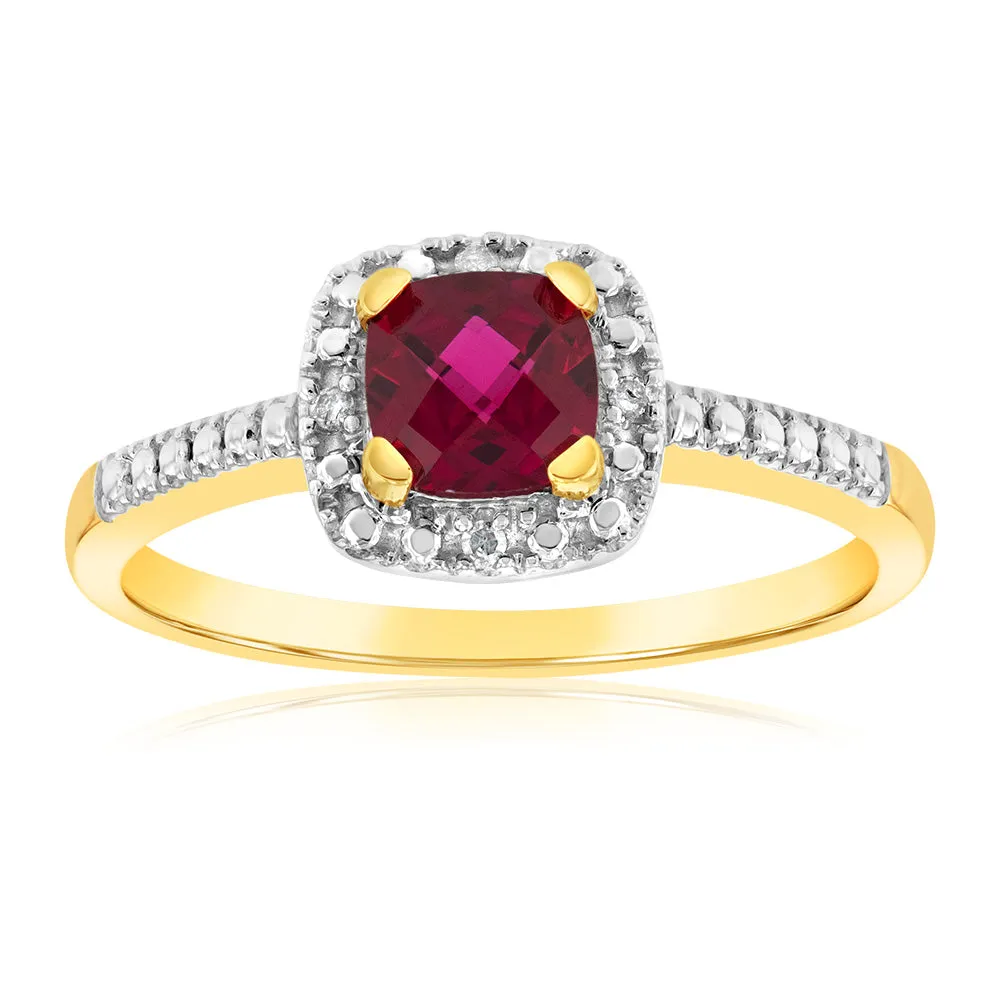 9ct Yellow Gold Diamond And Created Ruby Ring