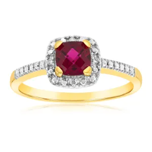 9ct Yellow Gold Diamond And Created Ruby Ring