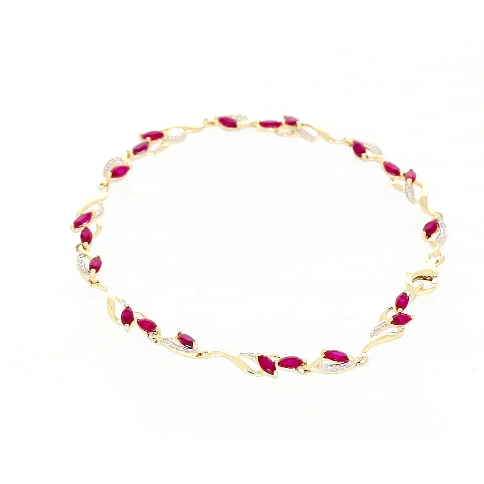 9ct Yellow Gold Marquise Cut Created Ruby Diamond Set Bracelet