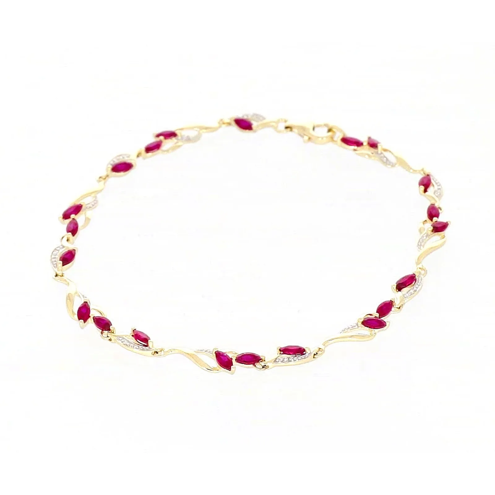 9ct Yellow Gold Marquise Cut Created Ruby Diamond Set Bracelet