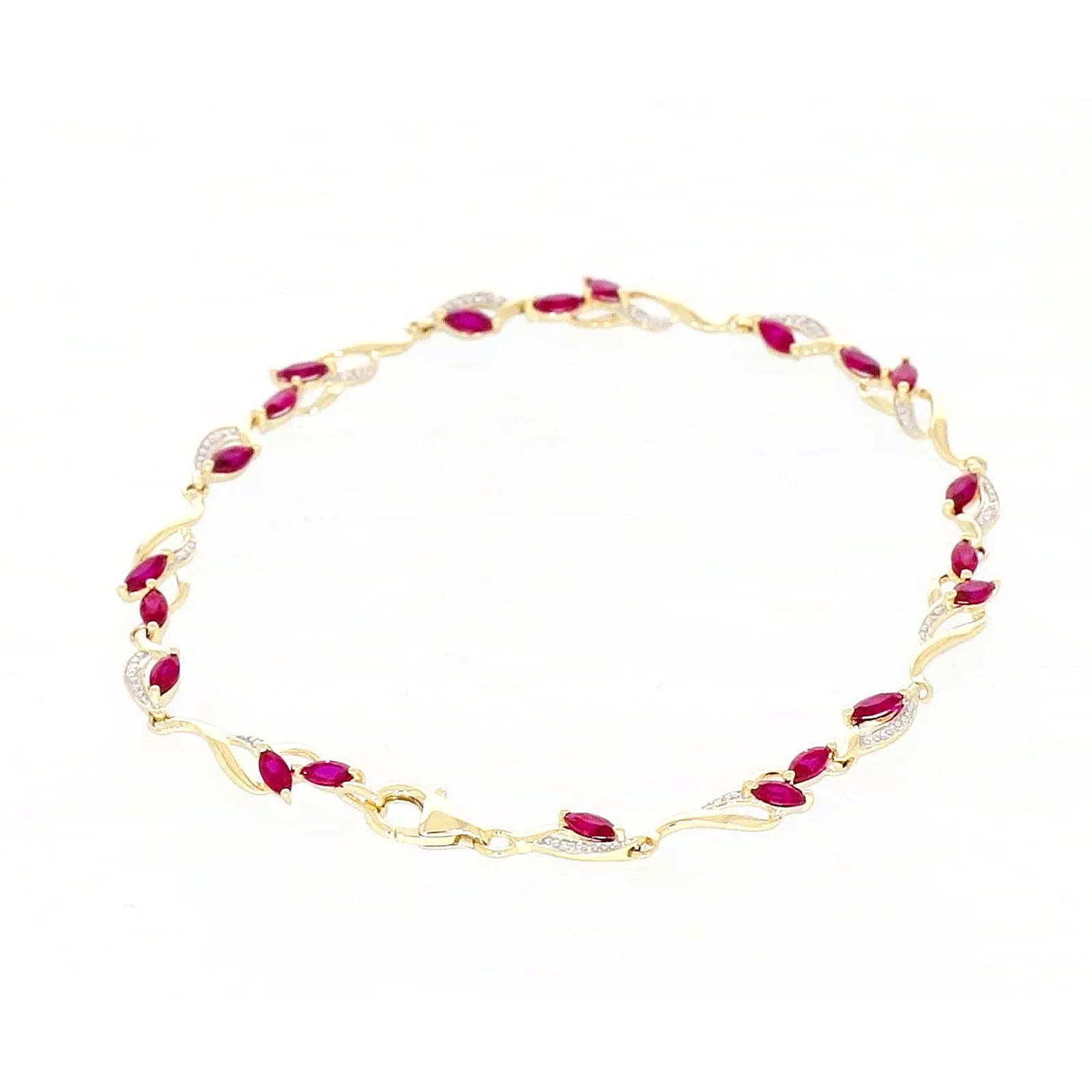 9ct Yellow Gold Marquise Cut Created Ruby Diamond Set Bracelet