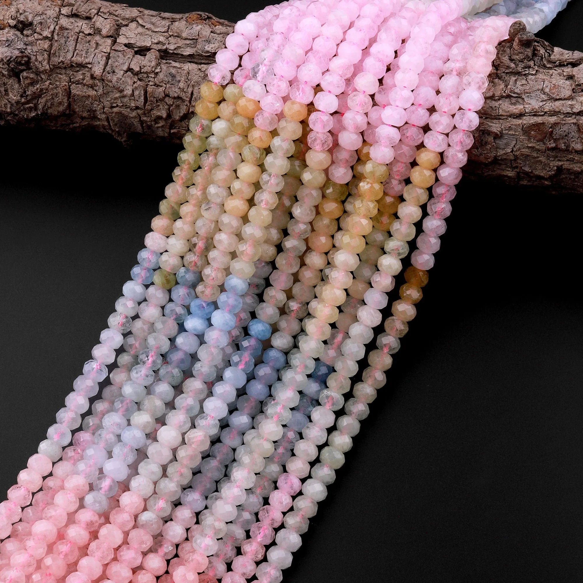 AAA Faceted Natural Multicolor Blue Green Yellow Aquamarine Pink Morganite 6mm Rondelle Beads 15.5" Strand