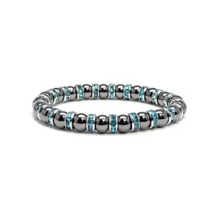 Accents Kingdom Women's Magnetic Hematite Tuchi Simulated Pearl Bracelet with Simulated Aquamarine Crystal, 7.5"