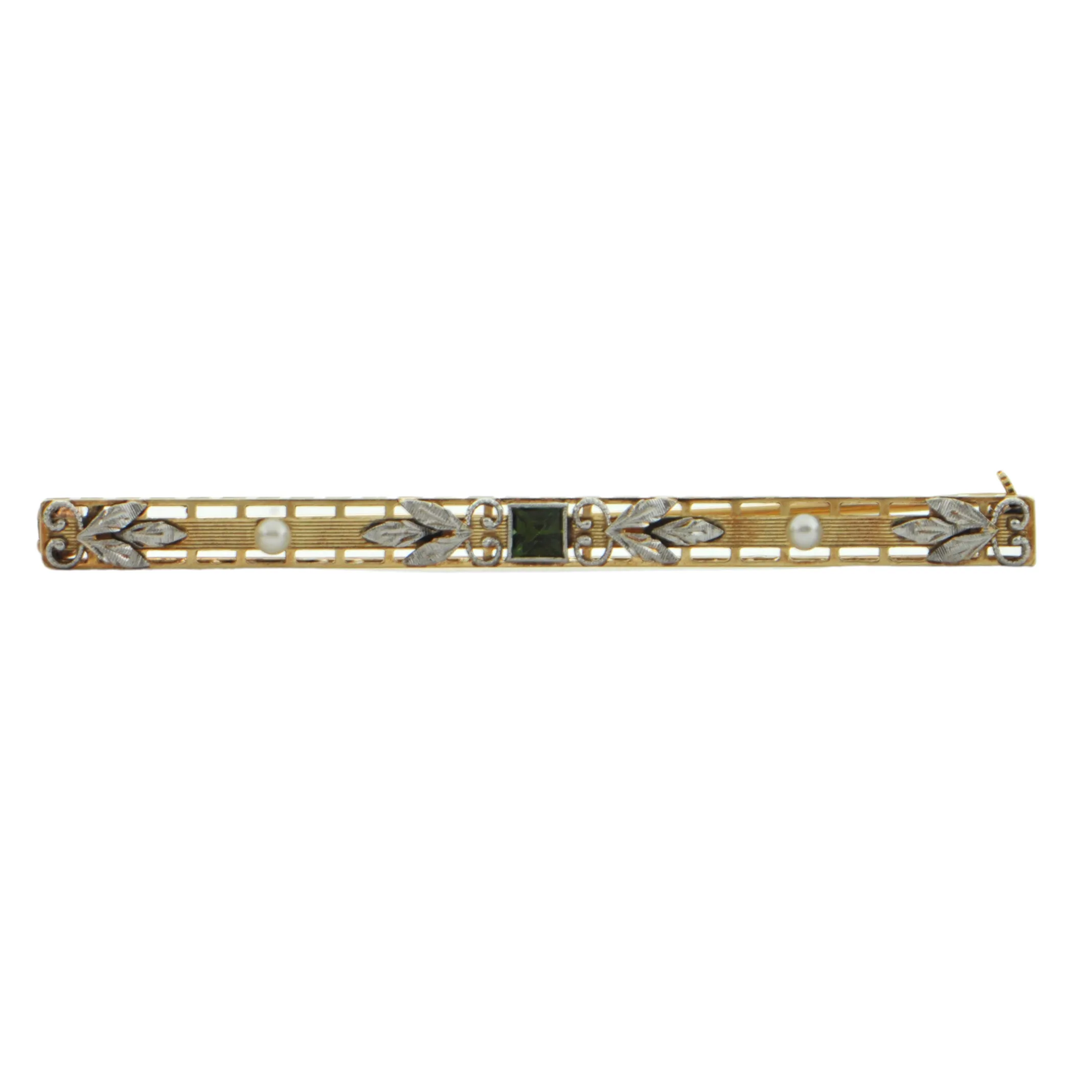 Antique Edwardian 14K Yellow Gold Peridot Bar Pin