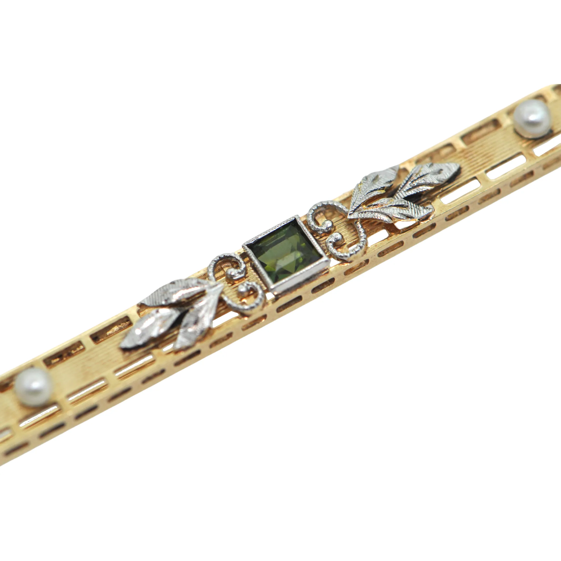 Antique Edwardian 14K Yellow Gold Peridot Bar Pin