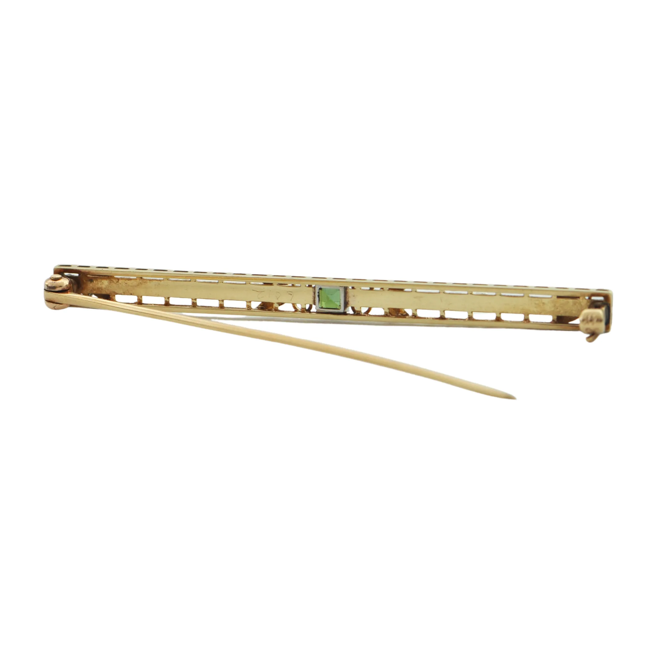 Antique Edwardian 14K Yellow Gold Peridot Bar Pin