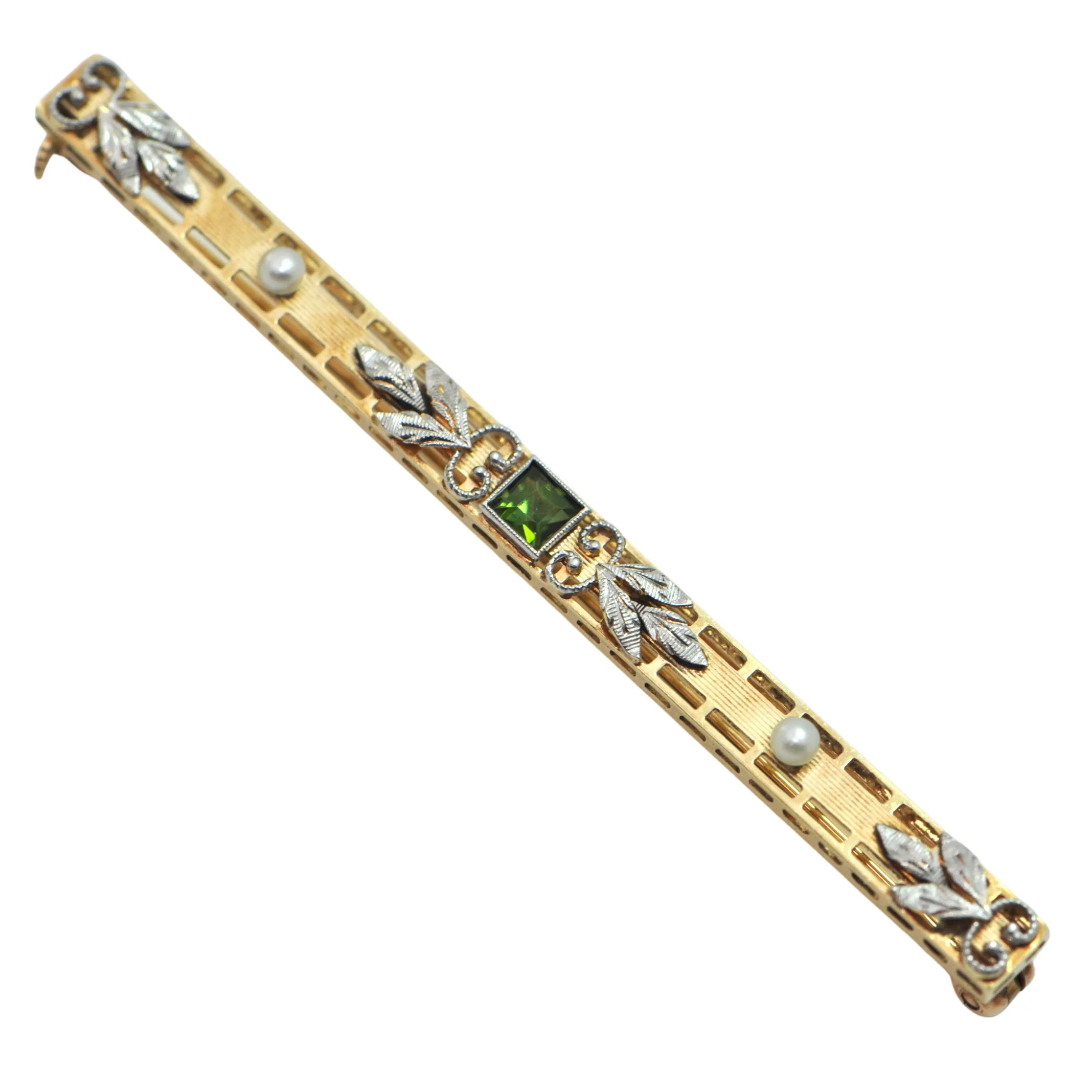 Antique Edwardian 14K Yellow Gold Peridot Bar Pin