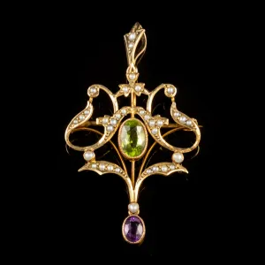 Antique Edwardian Suffragette Peridot Pendant 9Ct Gold Circa 1910