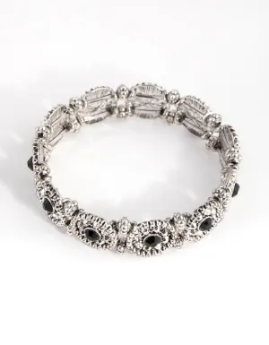 Antique Silver Etched Stone Stretch Bracelet