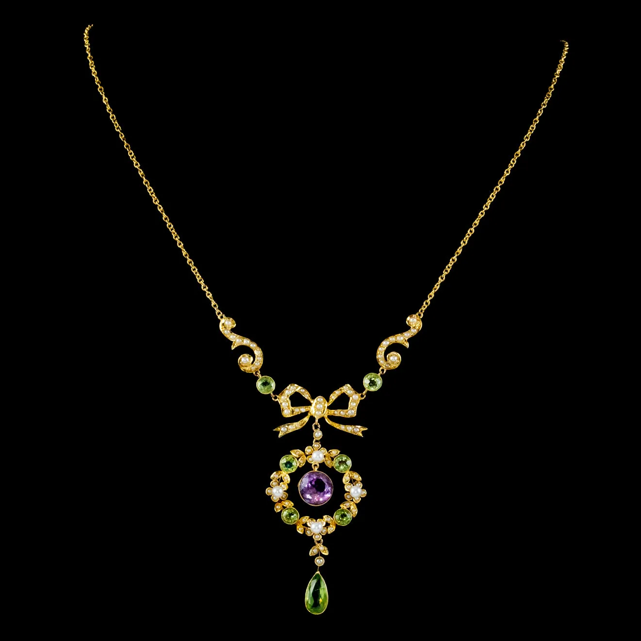 Antique Suffragette Floral Pendant Lavaliere Necklace 18ct Gold Circa 1910