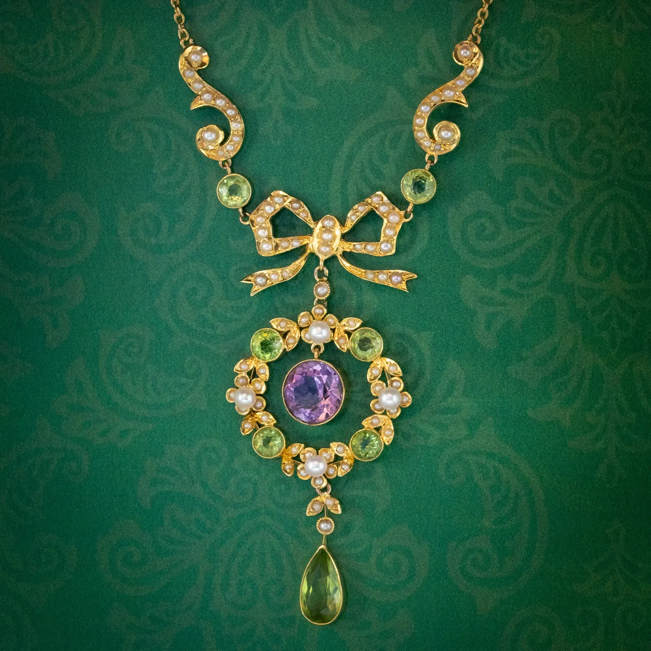 Antique Suffragette Floral Pendant Lavaliere Necklace 18ct Gold Circa 1910