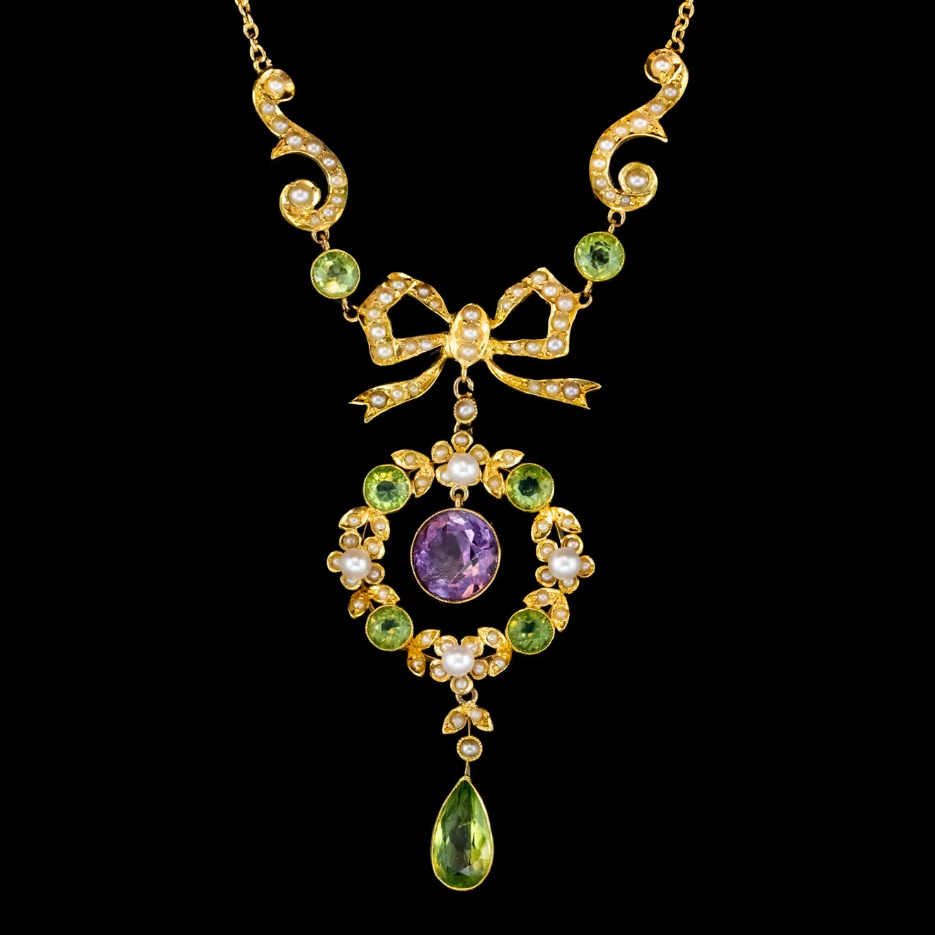 Antique Suffragette Floral Pendant Lavaliere Necklace 18ct Gold Circa 1910