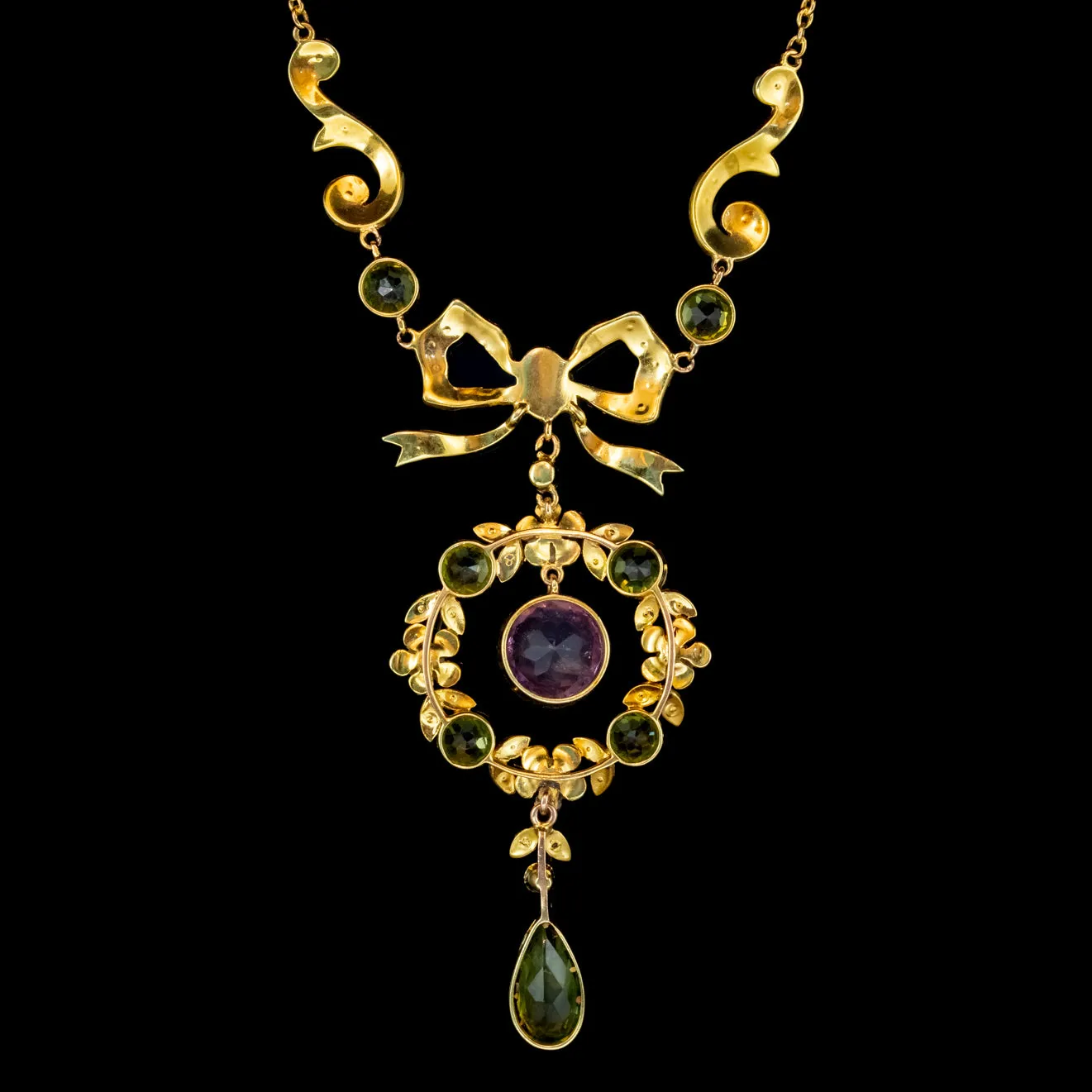 Antique Suffragette Floral Pendant Lavaliere Necklace 18ct Gold Circa 1910