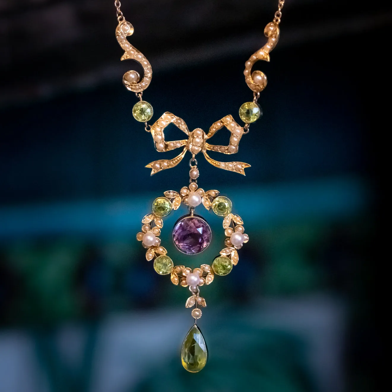 Antique Suffragette Floral Pendant Lavaliere Necklace 18ct Gold Circa 1910