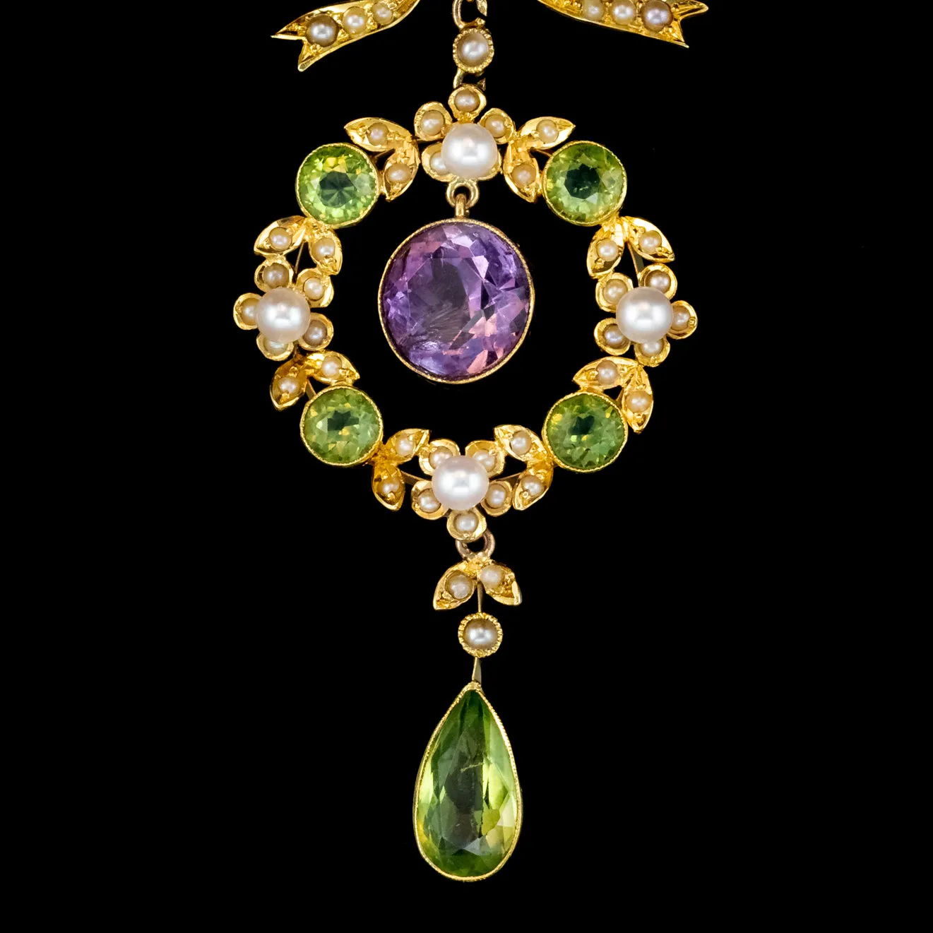 Antique Suffragette Floral Pendant Lavaliere Necklace 18ct Gold Circa 1910