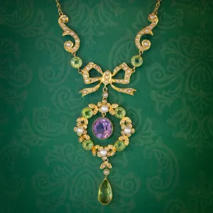 Antique Suffragette Floral Pendant Lavaliere Necklace 18ct Gold Circa 1910
