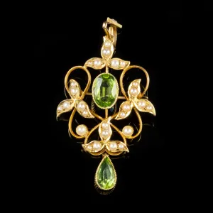 Antique Victorian Peridot Pearl Dropper Pendant 15Ct Gold Circa 1890