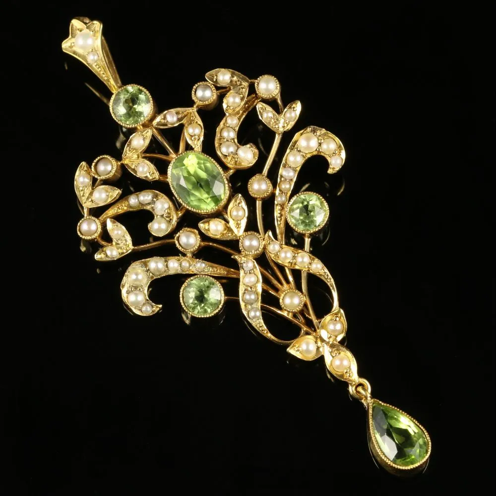 Antique Victorian Peridot Pearl Pendant Circa 1880 15Ct Gold