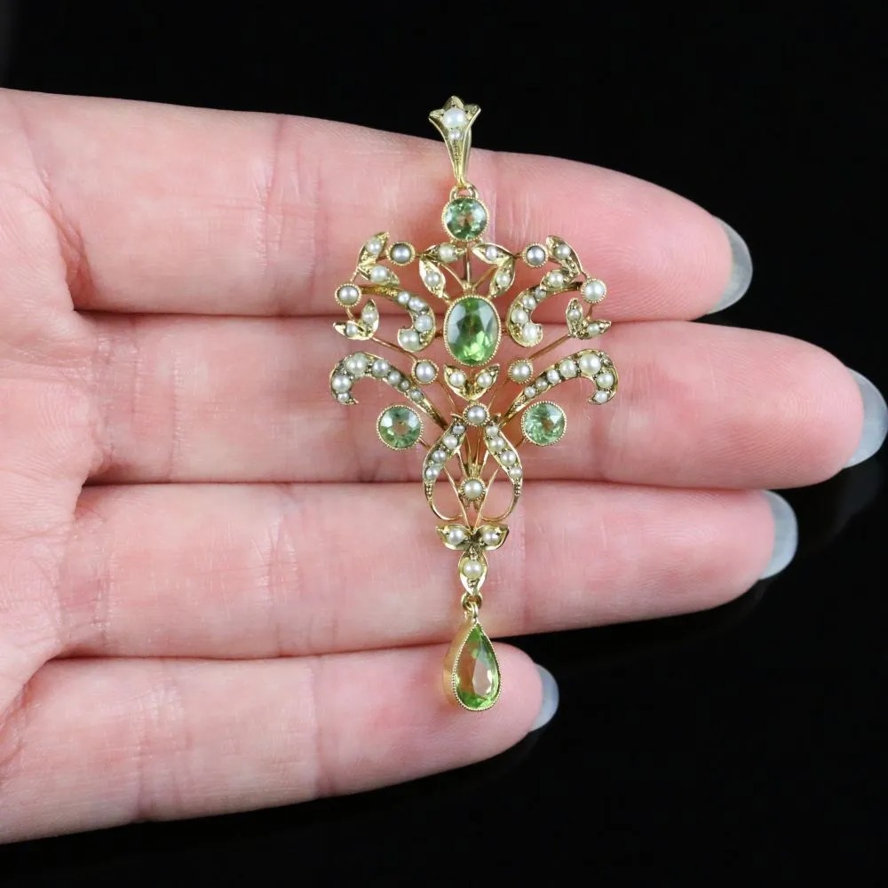 Antique Victorian Peridot Pearl Pendant Circa 1880 15Ct Gold
