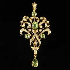 Antique Victorian Peridot Pearl Pendant Circa 1880 15Ct Gold