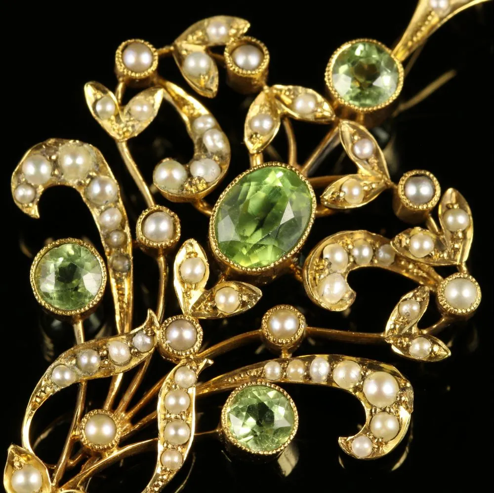 Antique Victorian Peridot Pearl Pendant Circa 1880 15Ct Gold
