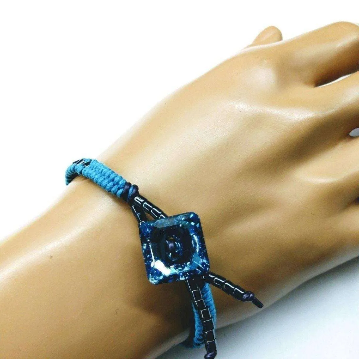 Aqua Hematite Bead Braided Square Swarovski Crystal Button Bracelet