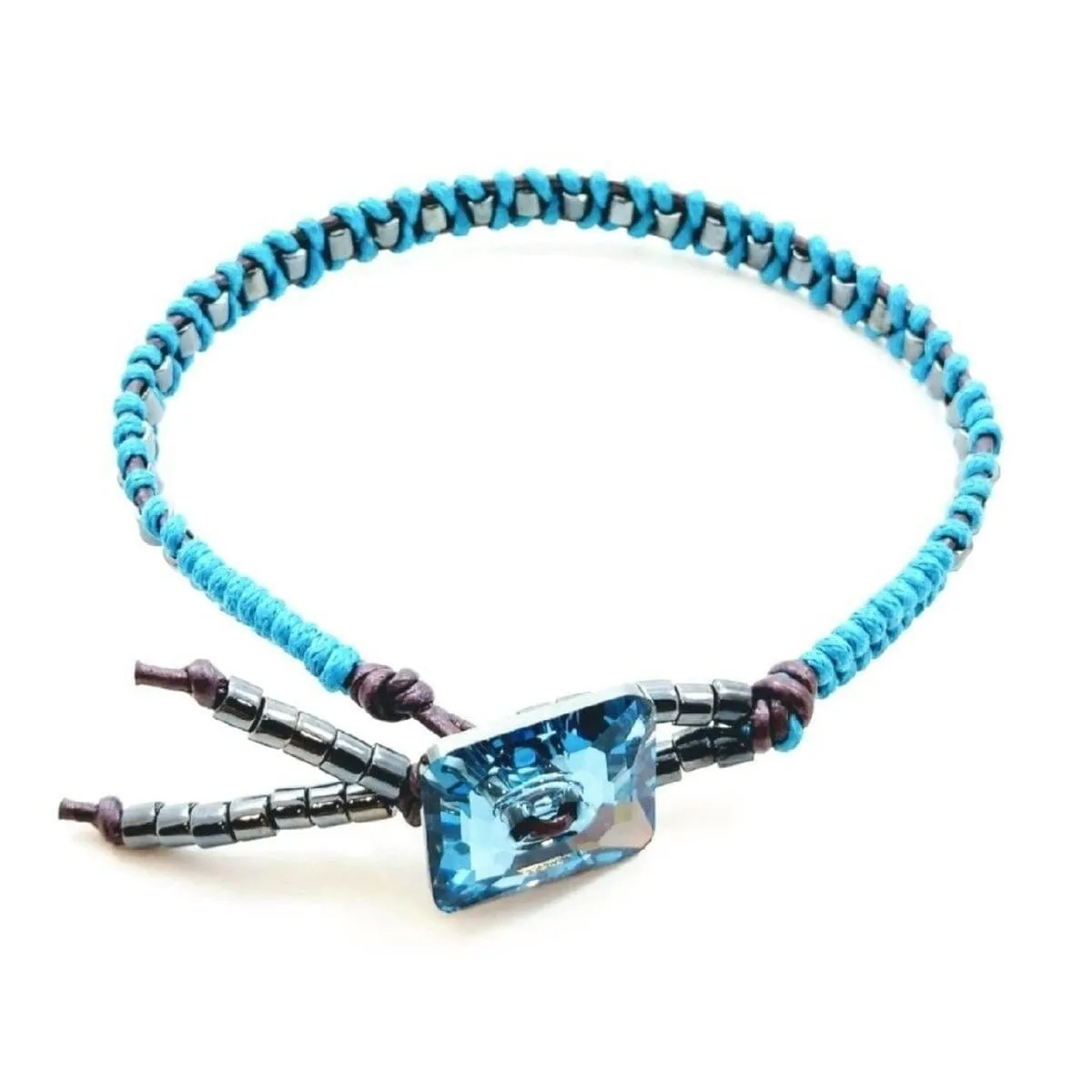 Aqua Hematite Bead Braided Square Swarovski Crystal Button Bracelet