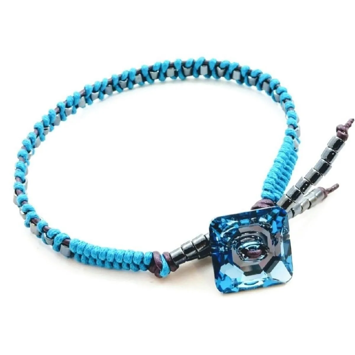 Aqua Hematite Bead Braided Square Swarovski Crystal Button Bracelet