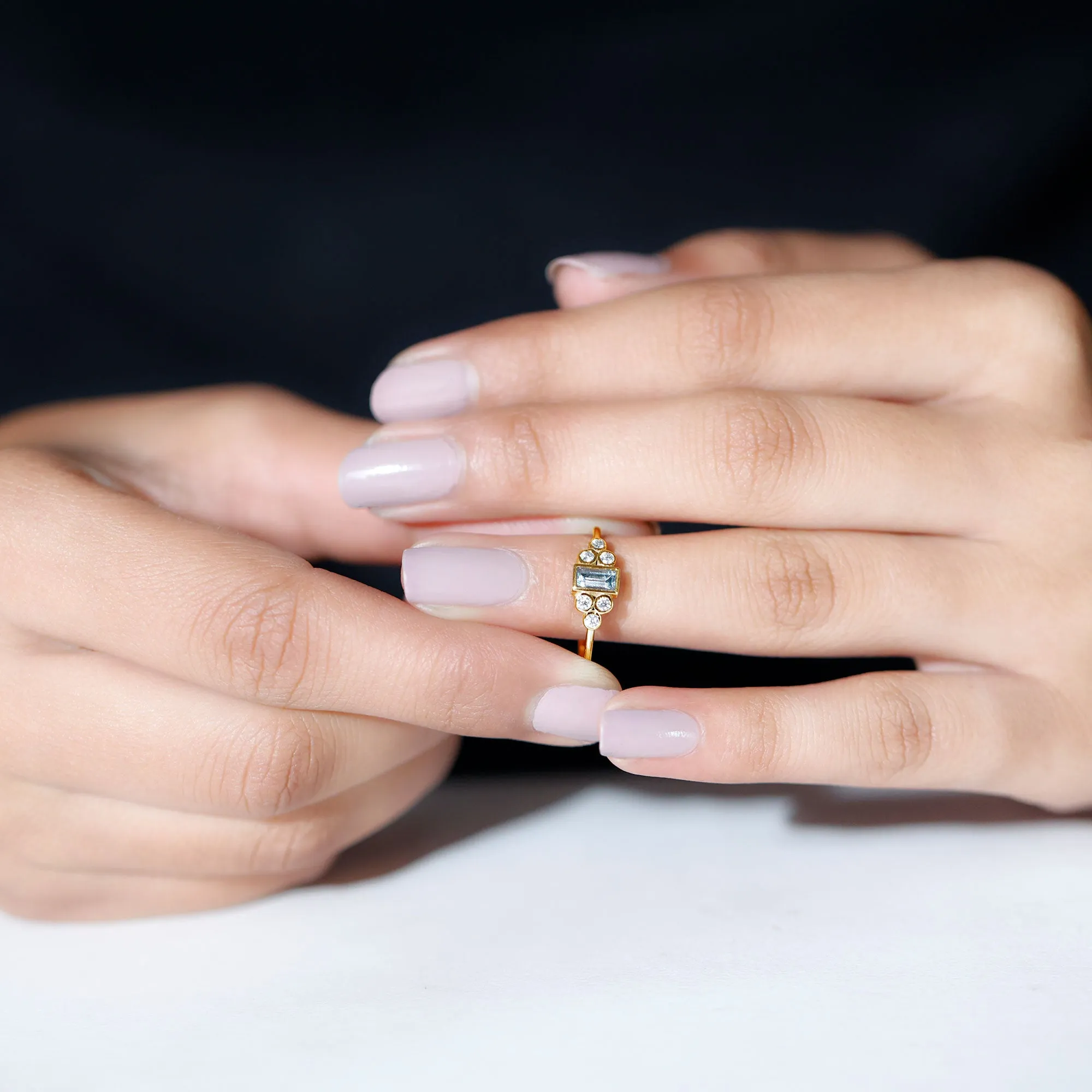 Baguette Aquamarine Solitaire Promise Ring with Diamond