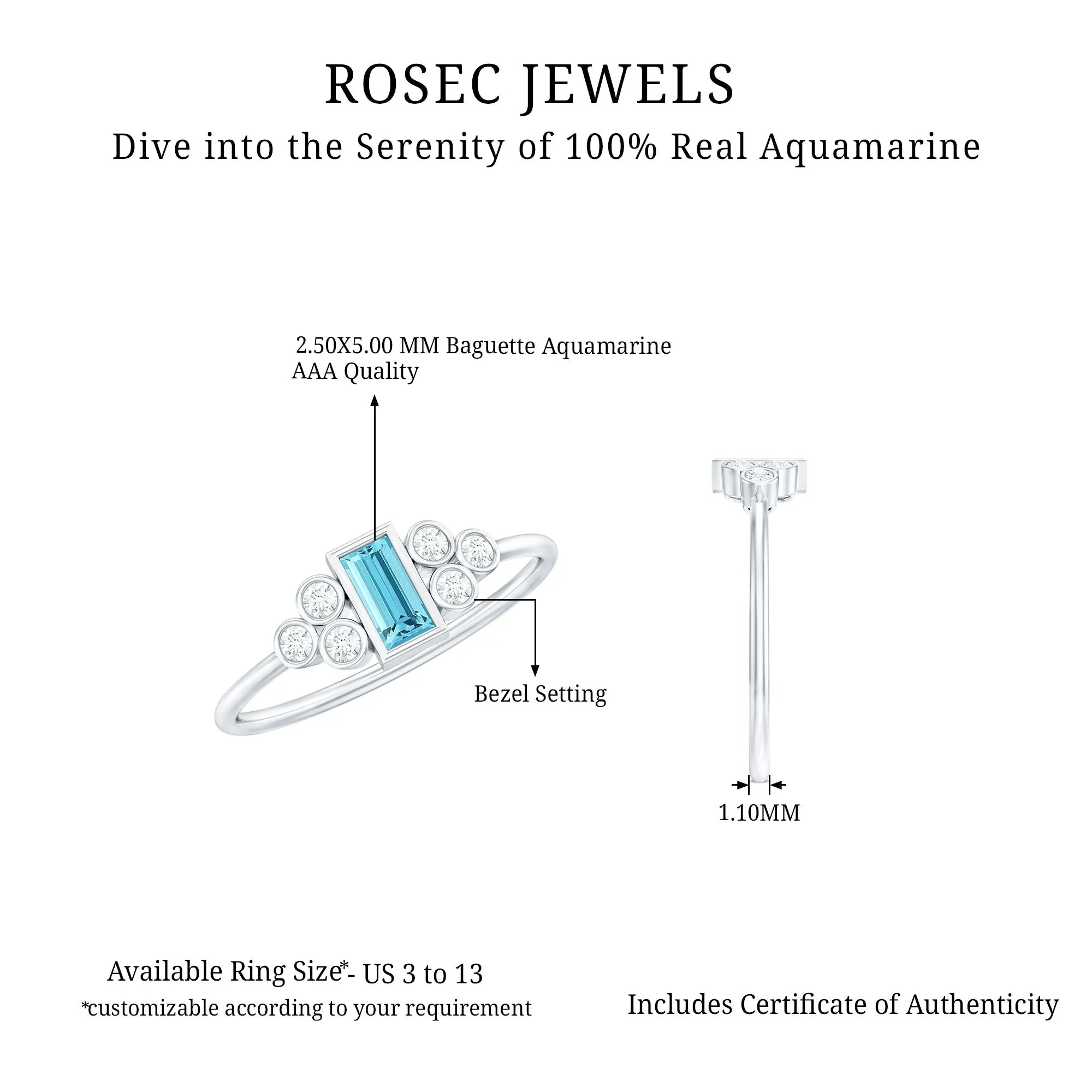 Baguette Aquamarine Solitaire Promise Ring with Diamond