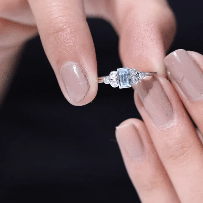 Baguette Aquamarine Solitaire Promise Ring with Diamond