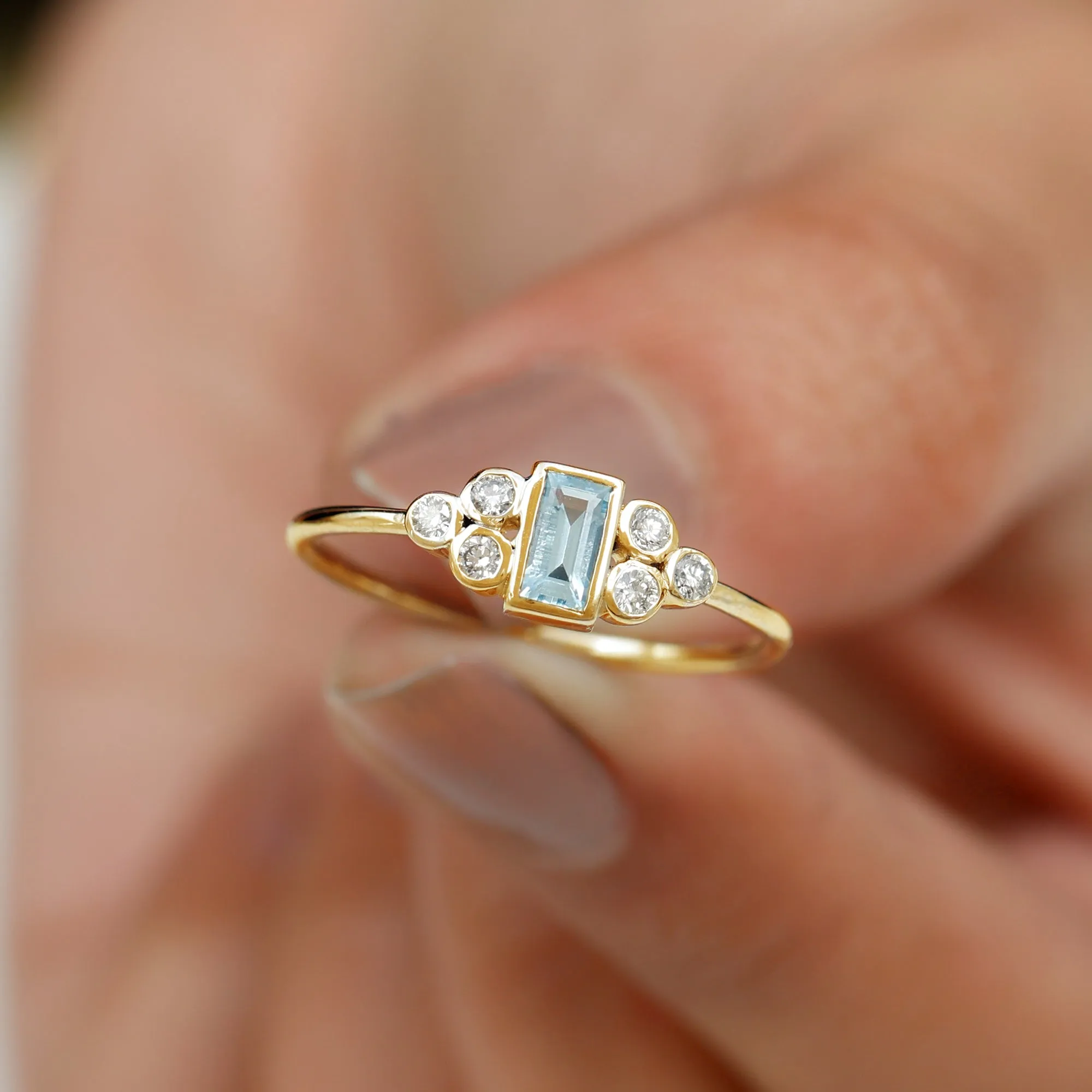 Baguette Aquamarine Solitaire Promise Ring with Diamond
