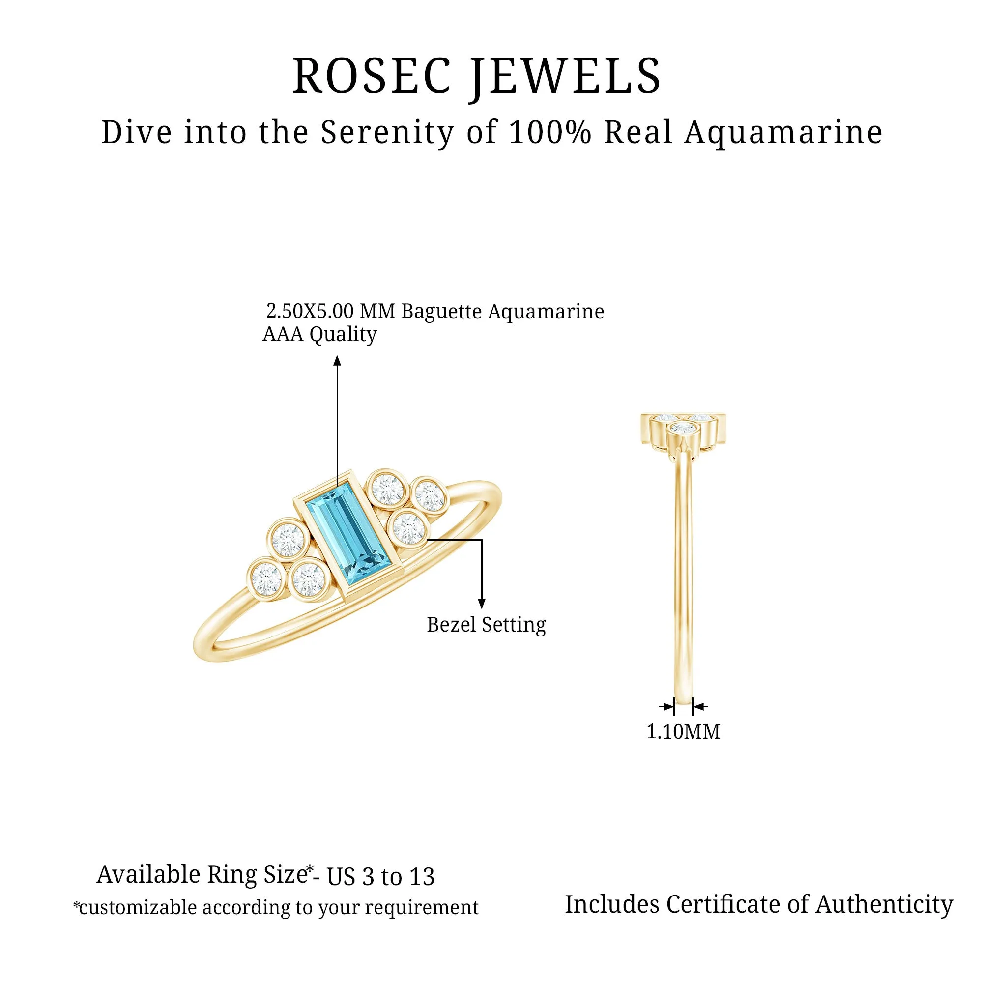 Baguette Aquamarine Solitaire Promise Ring with Diamond