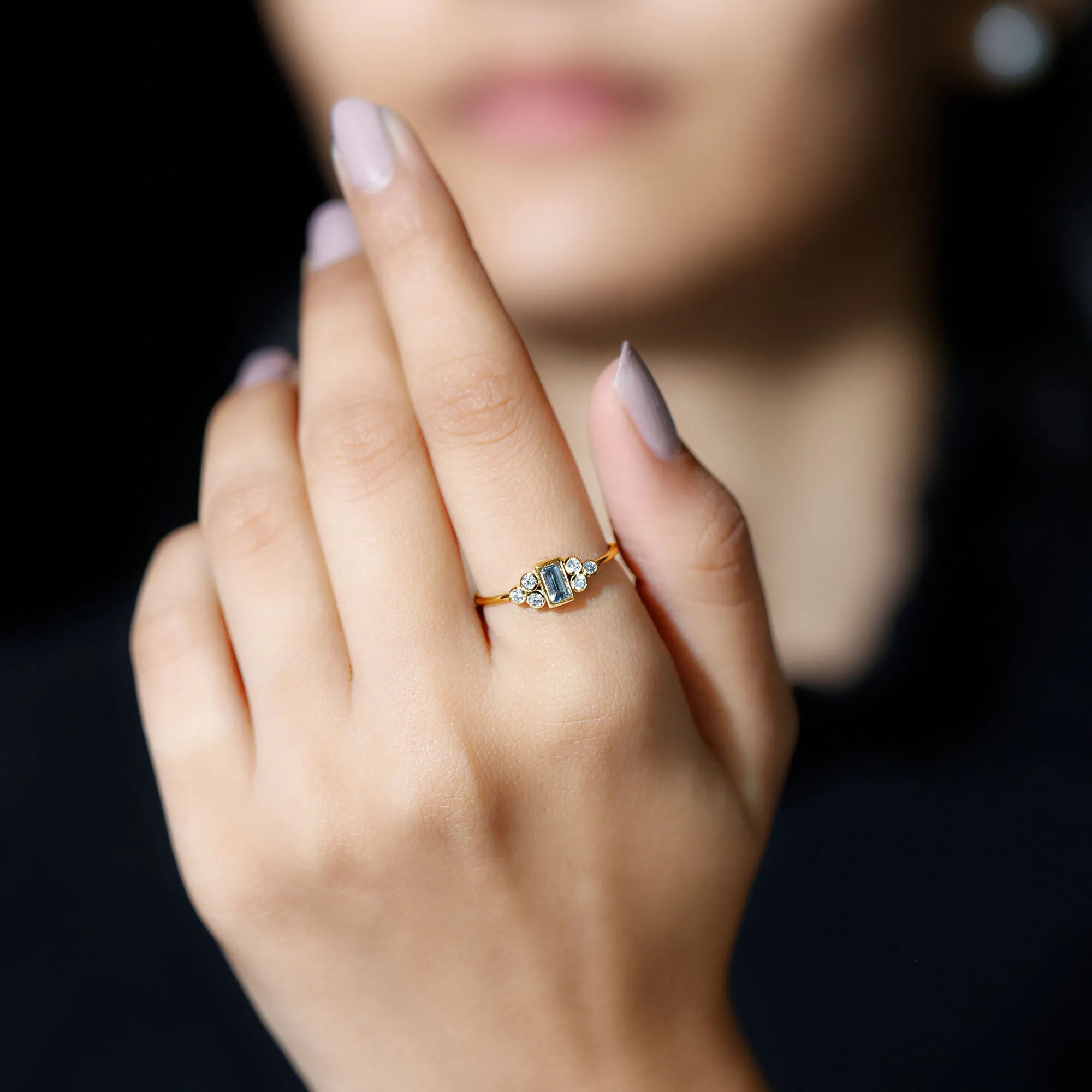 Baguette Aquamarine Solitaire Promise Ring with Diamond