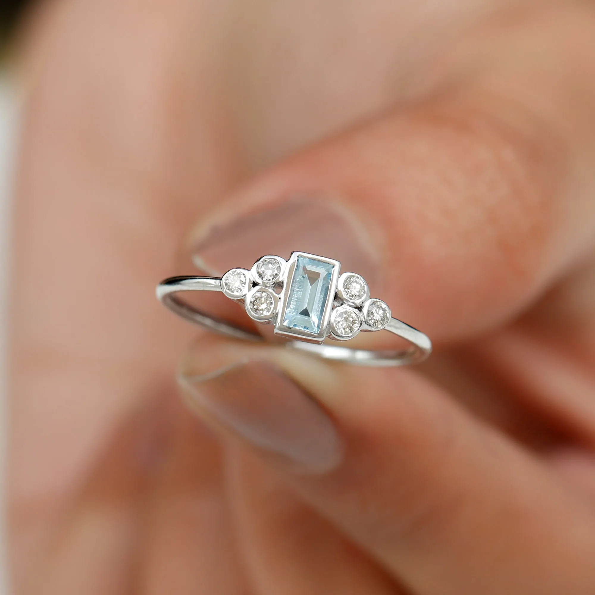 Baguette Aquamarine Solitaire Promise Ring with Diamond