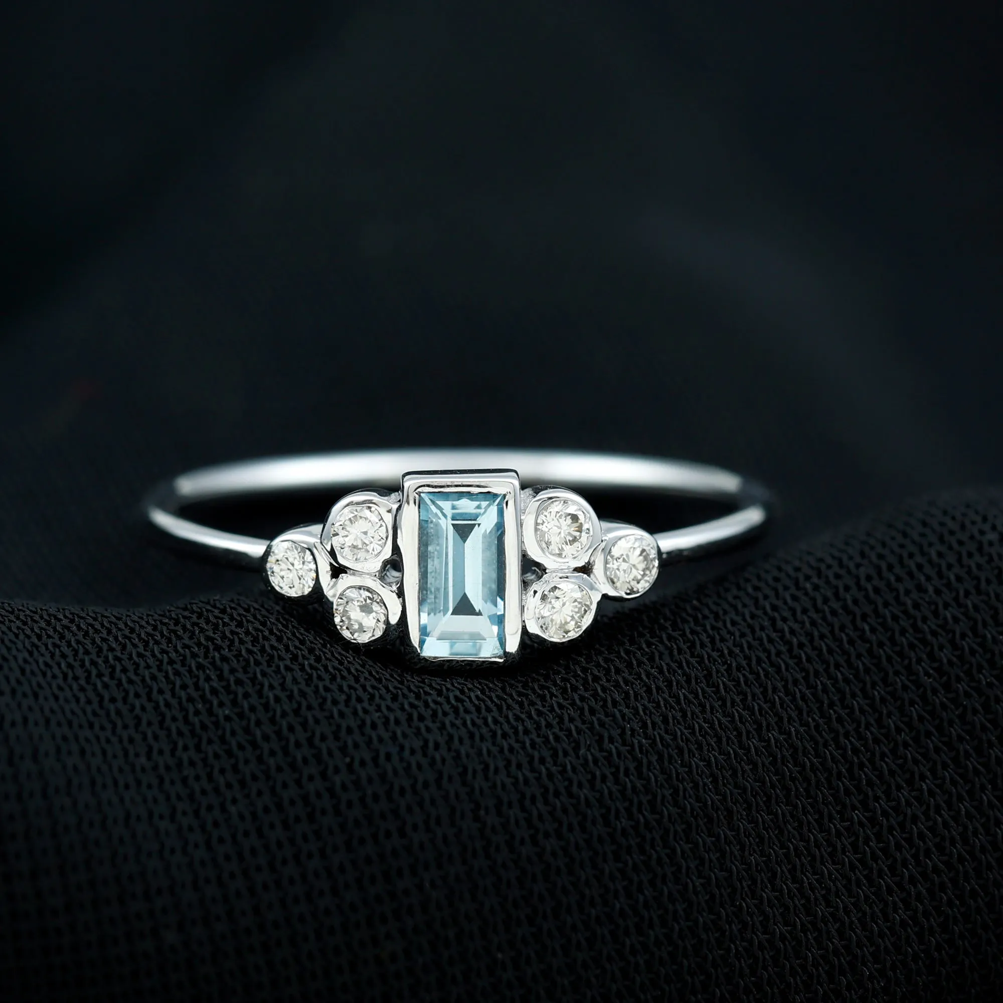 Baguette Aquamarine Solitaire Promise Ring with Diamond