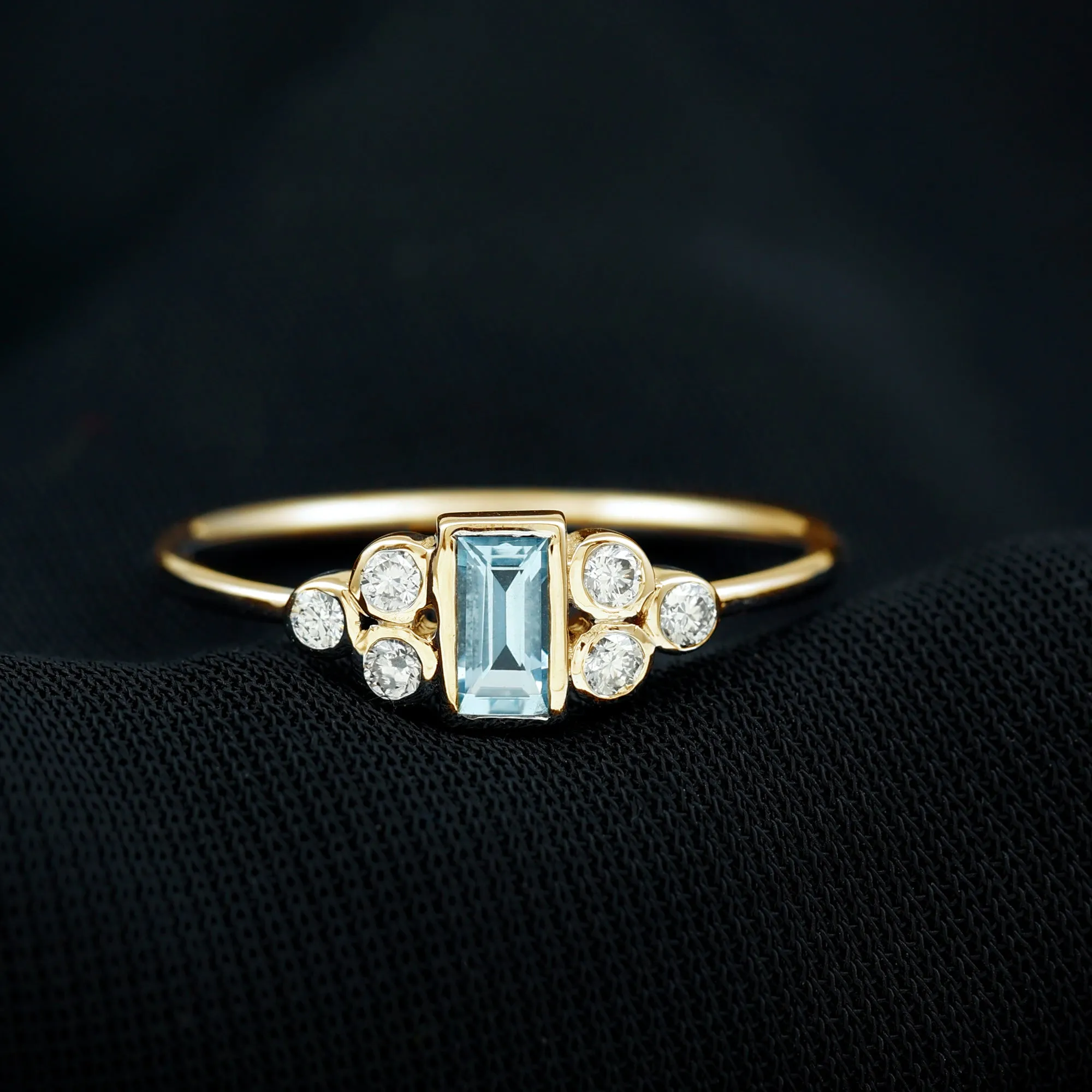 Baguette Aquamarine Solitaire Promise Ring with Diamond