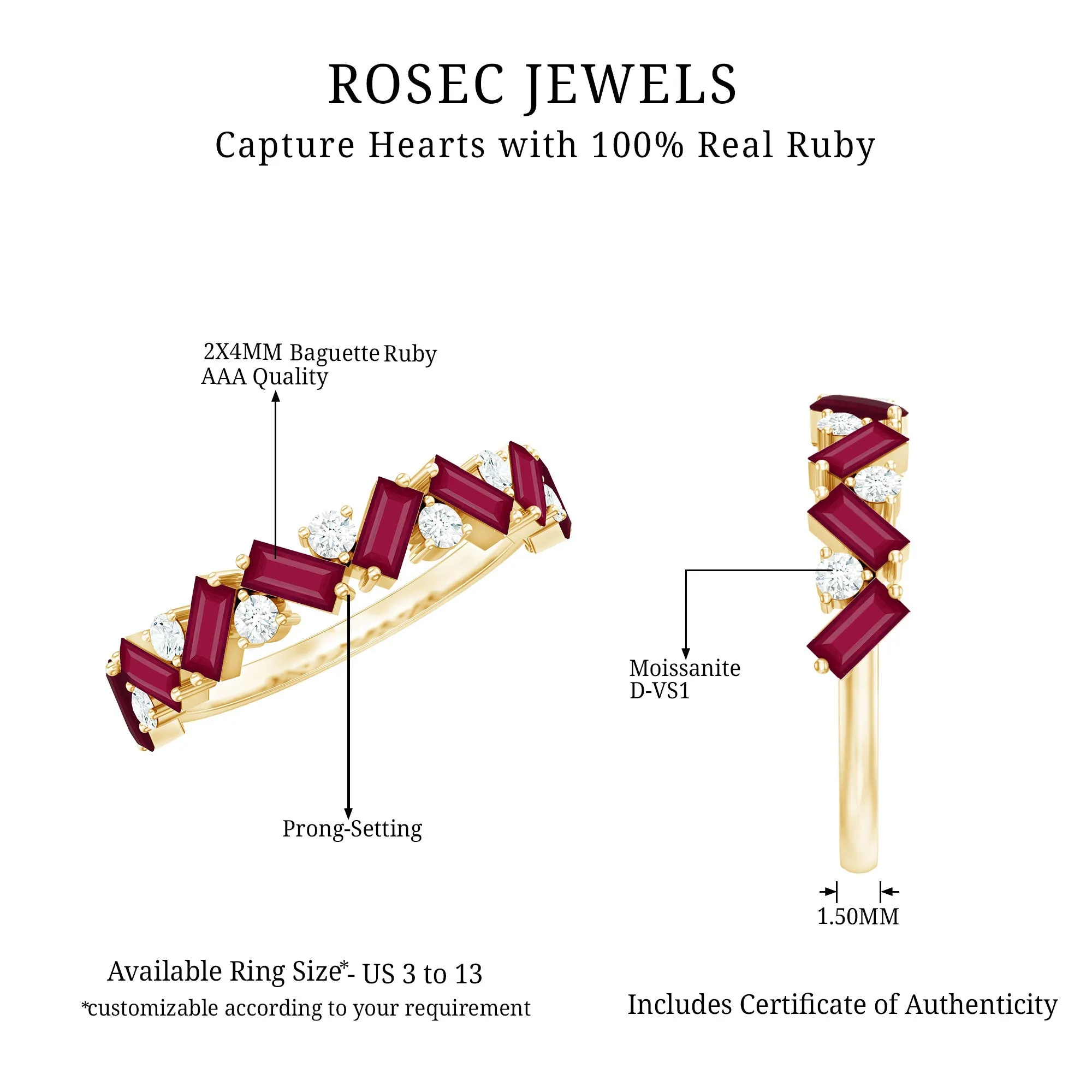 Baguette Cut Ruby and Moissanite Half Eternity Ring