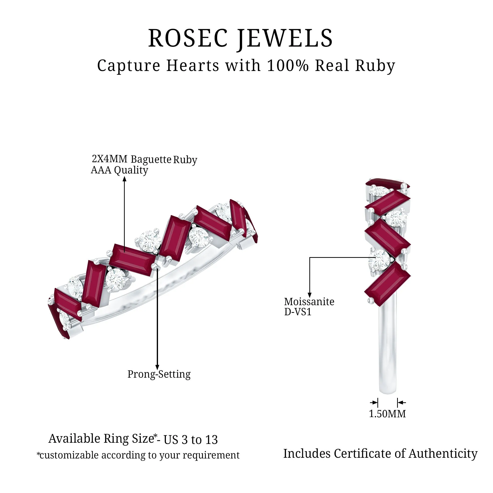 Baguette Cut Ruby and Moissanite Half Eternity Ring