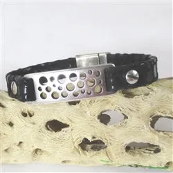Black Leather Bracelet with Silver Cut Out ID Panel