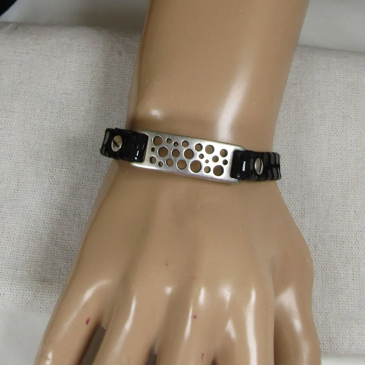 Black Leather Bracelet with Silver Cut Out ID Panel