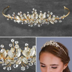 BRIDAL TIARA WITH CRYSTALS AND HAND PAINTED SILVERY GOLD LEAVES  4637T-G