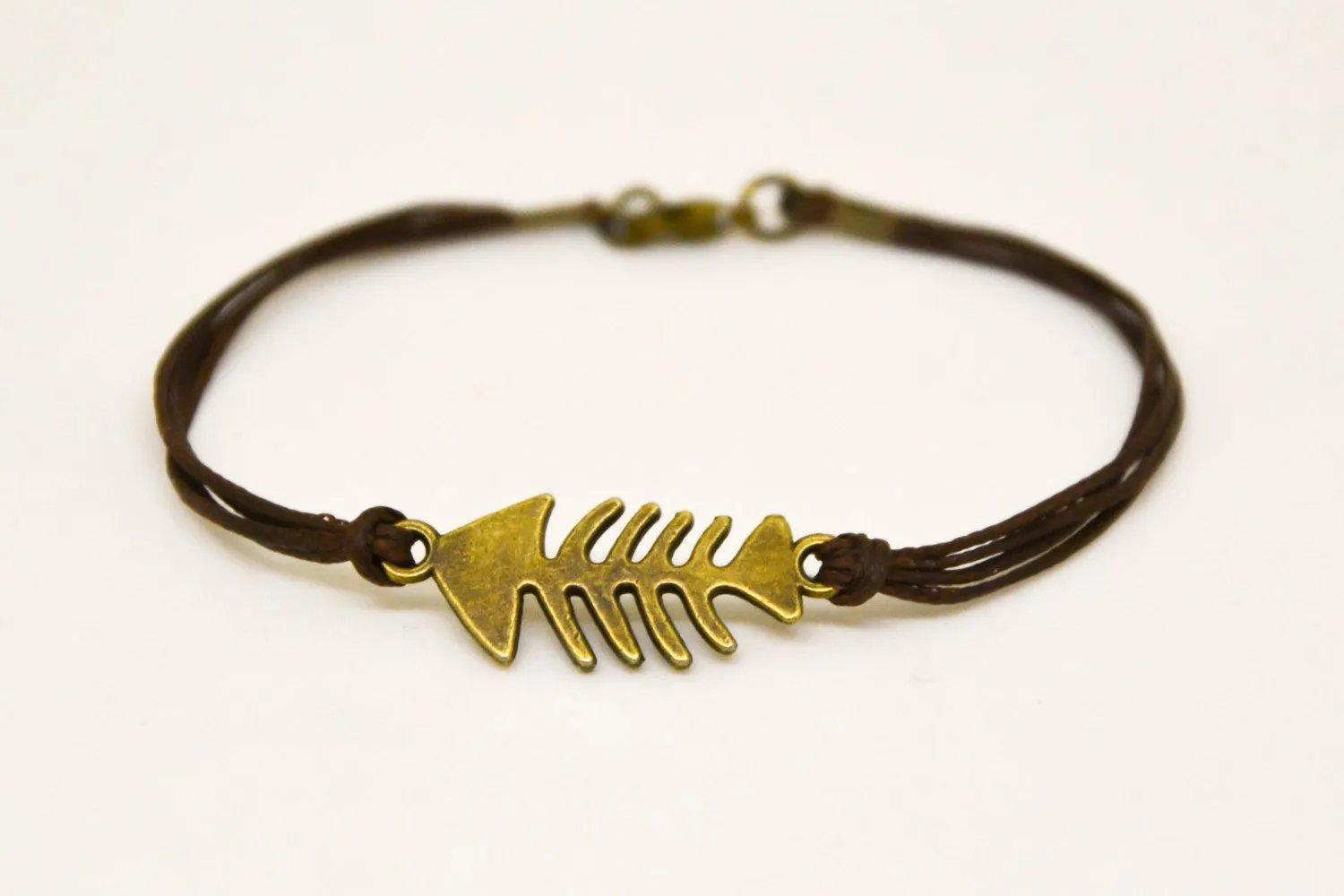 Bronze tone fishbones charm anklet for men, brown cord, gift for him