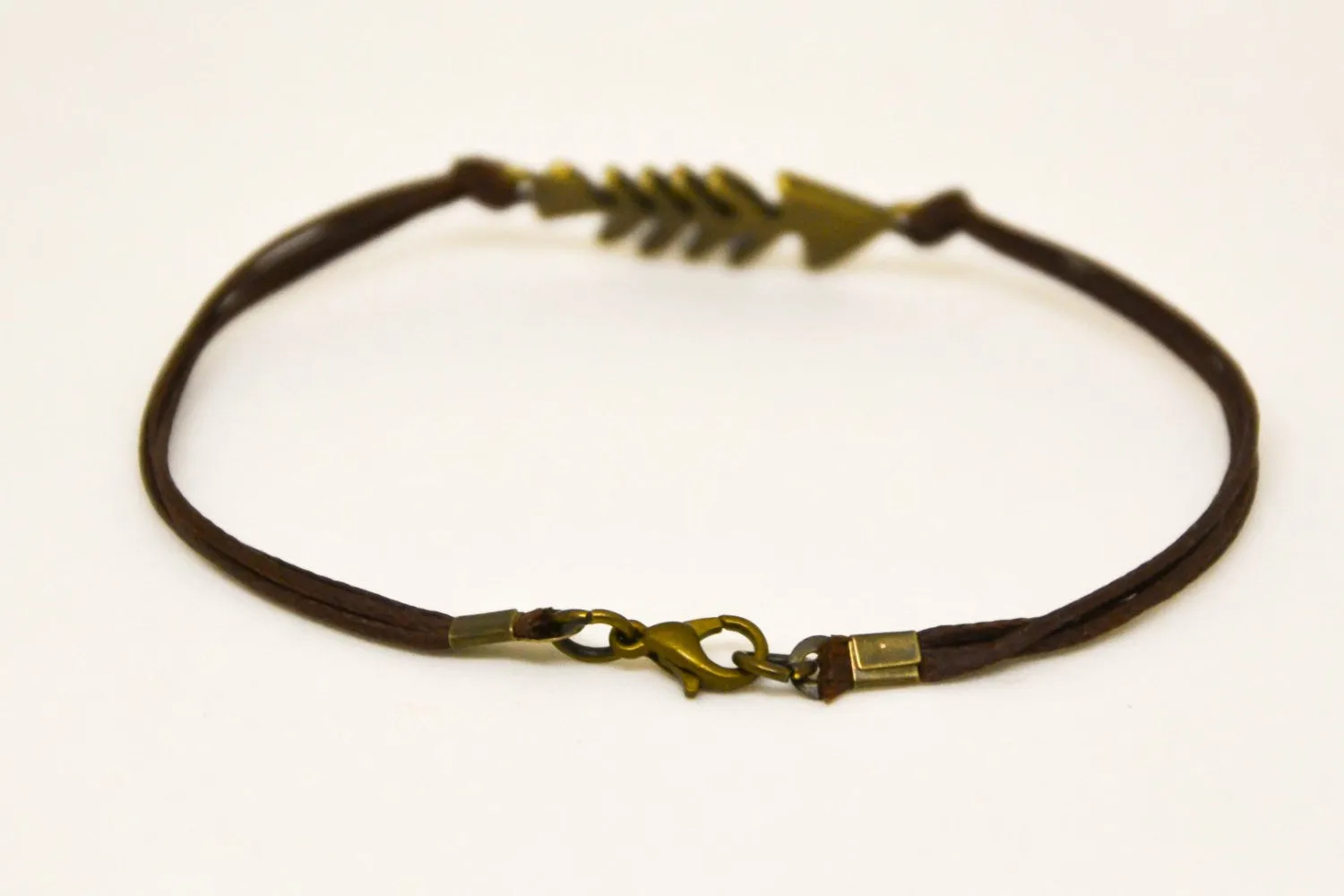 Bronze tone fishbones charm anklet for men, brown cord, gift for him