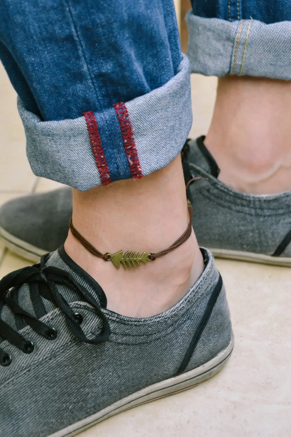Bronze tone fishbones charm anklet for men, brown cord, gift for him