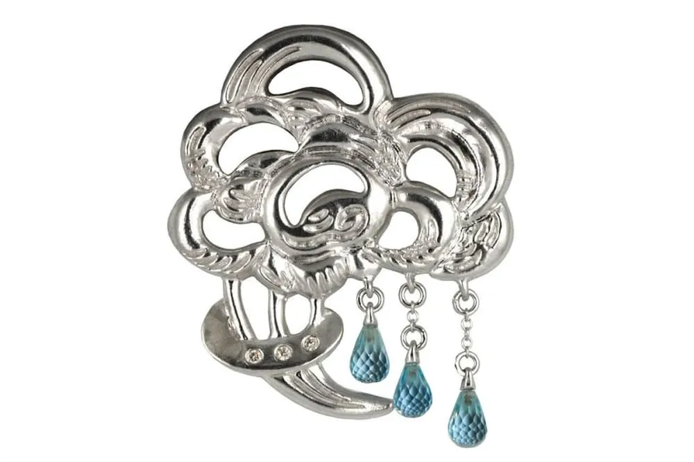 Brooch Bouquet Of Rain: Sterling Silver Pin Brooch With Blue Topaz Drops