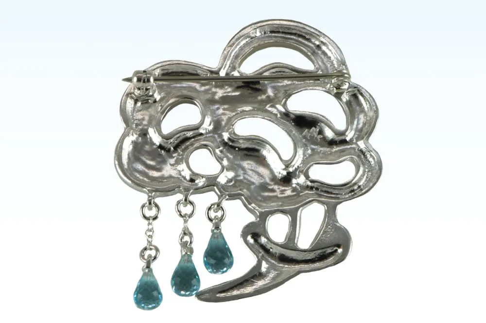 Brooch Bouquet Of Rain: Sterling Silver Pin Brooch With Blue Topaz Drops