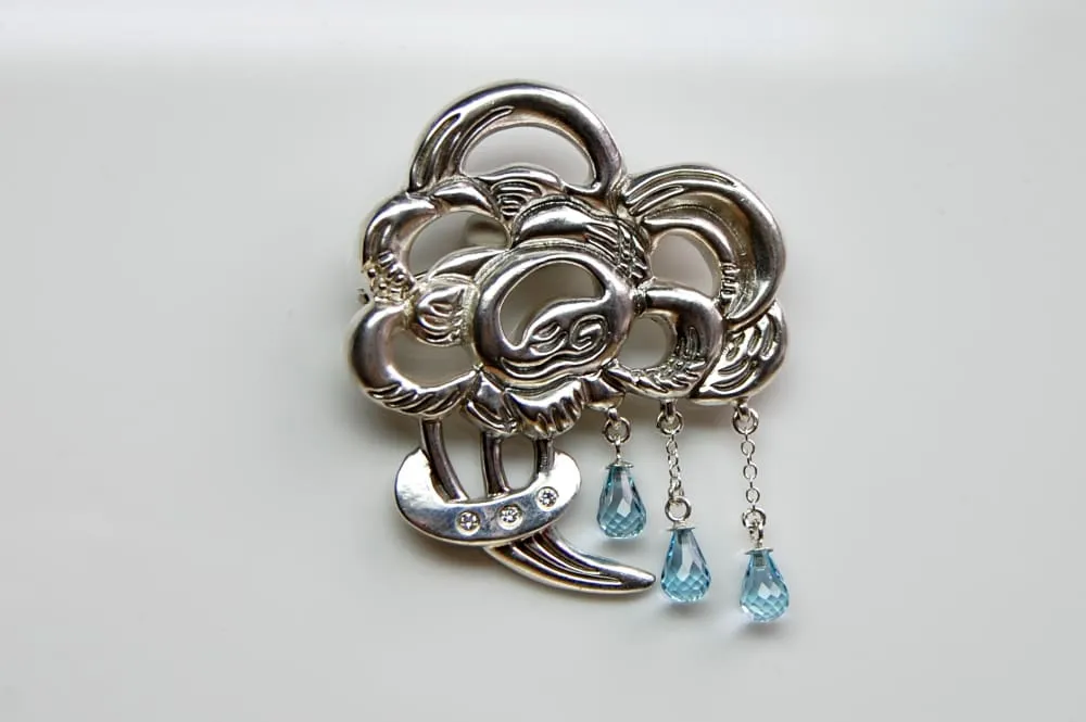 Brooch Bouquet Of Rain: Sterling Silver Pin Brooch With Blue Topaz Drops