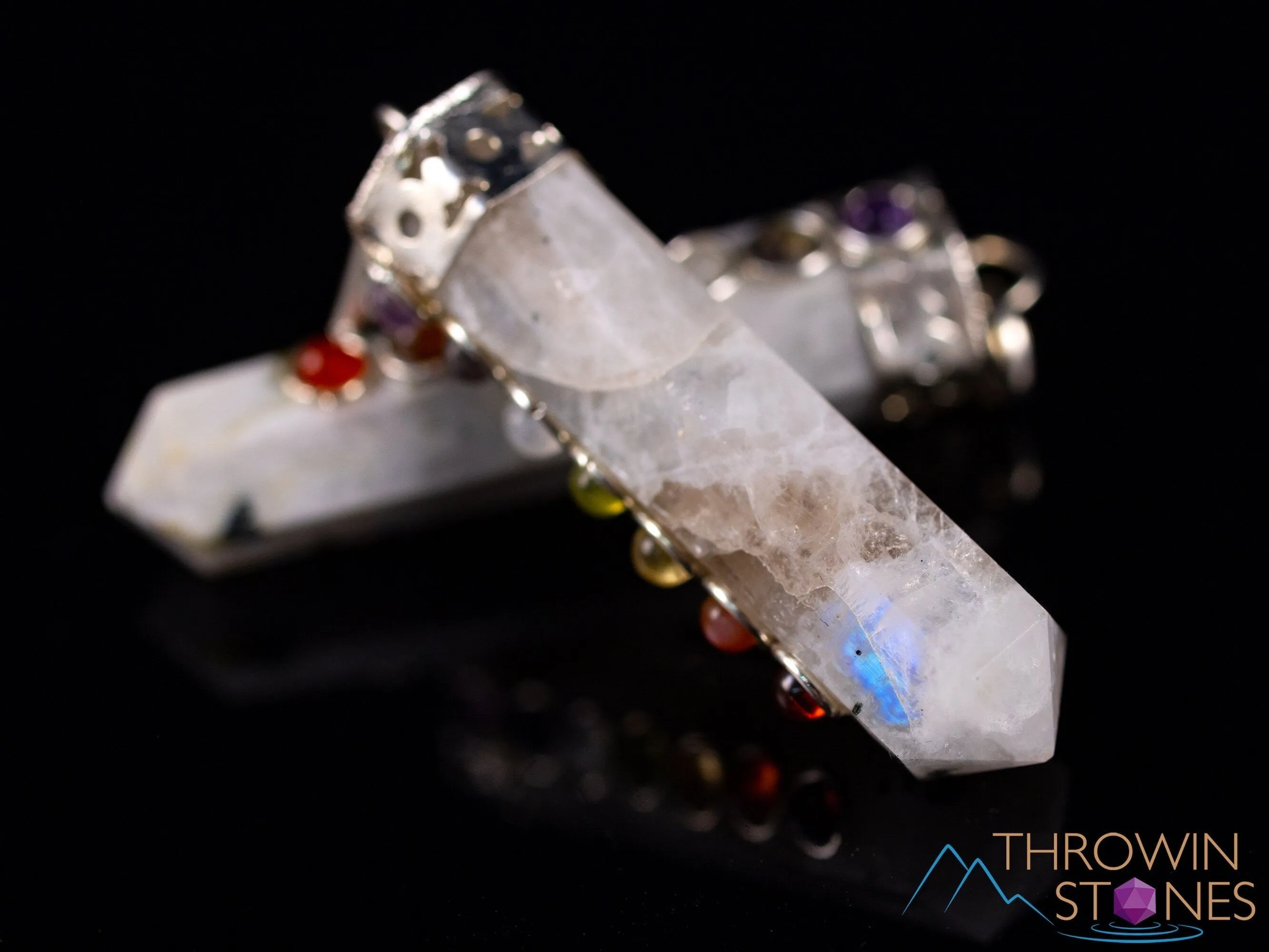 CHAKRA & Rainbow MOONSTONE Crystal Pendant - Crystal Points, Handmade Jewelry, Healing Crystals and Stones, E2118