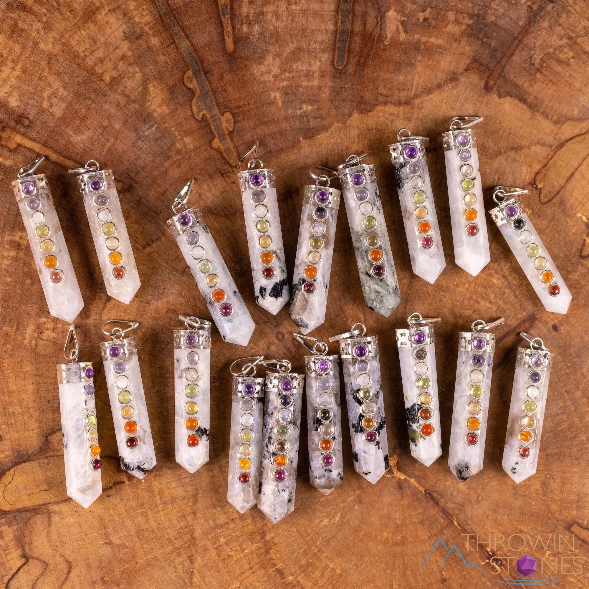 CHAKRA & Rainbow MOONSTONE Crystal Pendant - Crystal Points, Handmade Jewelry, Healing Crystals and Stones, E2118